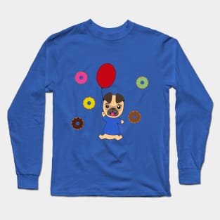 Flying pug dog on a balloon with donuts in the magical sky Long Sleeve T-Shirt